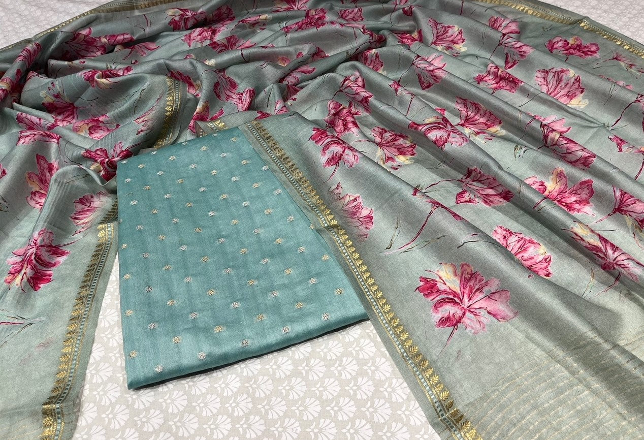 ( DELIVERY IN 25 DAYS ) SEA GREEN COLOUR CHANDERI SILK UNSTITCHED SUIT WITH FLORAL PRINTED DUPATTA