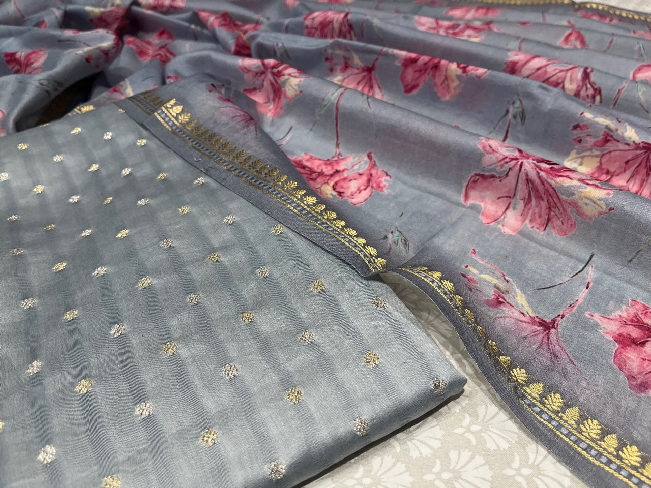 (DELIVERY IN 25 DAYS) GREY COLOUR CHANDERI SILK UNSTITCHED SUIT WITH FLORAL PRINTED DUPATTA
