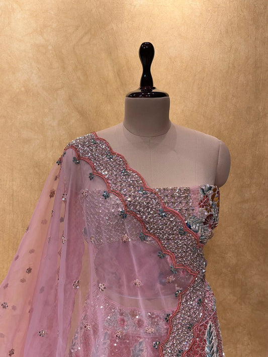 (DELIVERY IN 25 DAYS) PINK COLOUR WEDDING HAND EMBROIDERED LEHENGA EMBELLISHED WITH CUTDANA, SEQUINS, RESHAM WORK AND ORGANZA DUPATTA