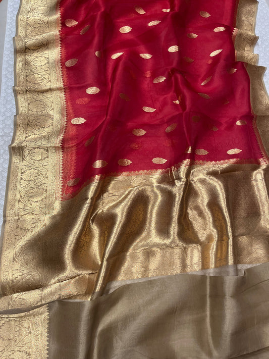 ( DELIVERY IN 25 DAYS ) RED COLOUR ORGANZA BANARASI SAREE WITH ZARI WEAVES BORDER