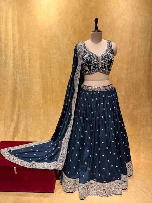 (DELIVERY IN 25 DAYS) BRIDESMAIDS READYMADE TEAL BLUE COLOUR CHINON EMBROIDERED LEHENGA WITH CROP TOP BLOUSE EMBELLISHED WITH CUTDANA & SEQUINS WORK