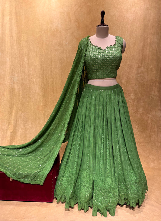 (DELIVERY IN 20-25 DAYS) BRIDESMAIDS READYMADE GREEN COLOUR GEORGETTE CHIKENKARI EMBROIDERY LEHENGA