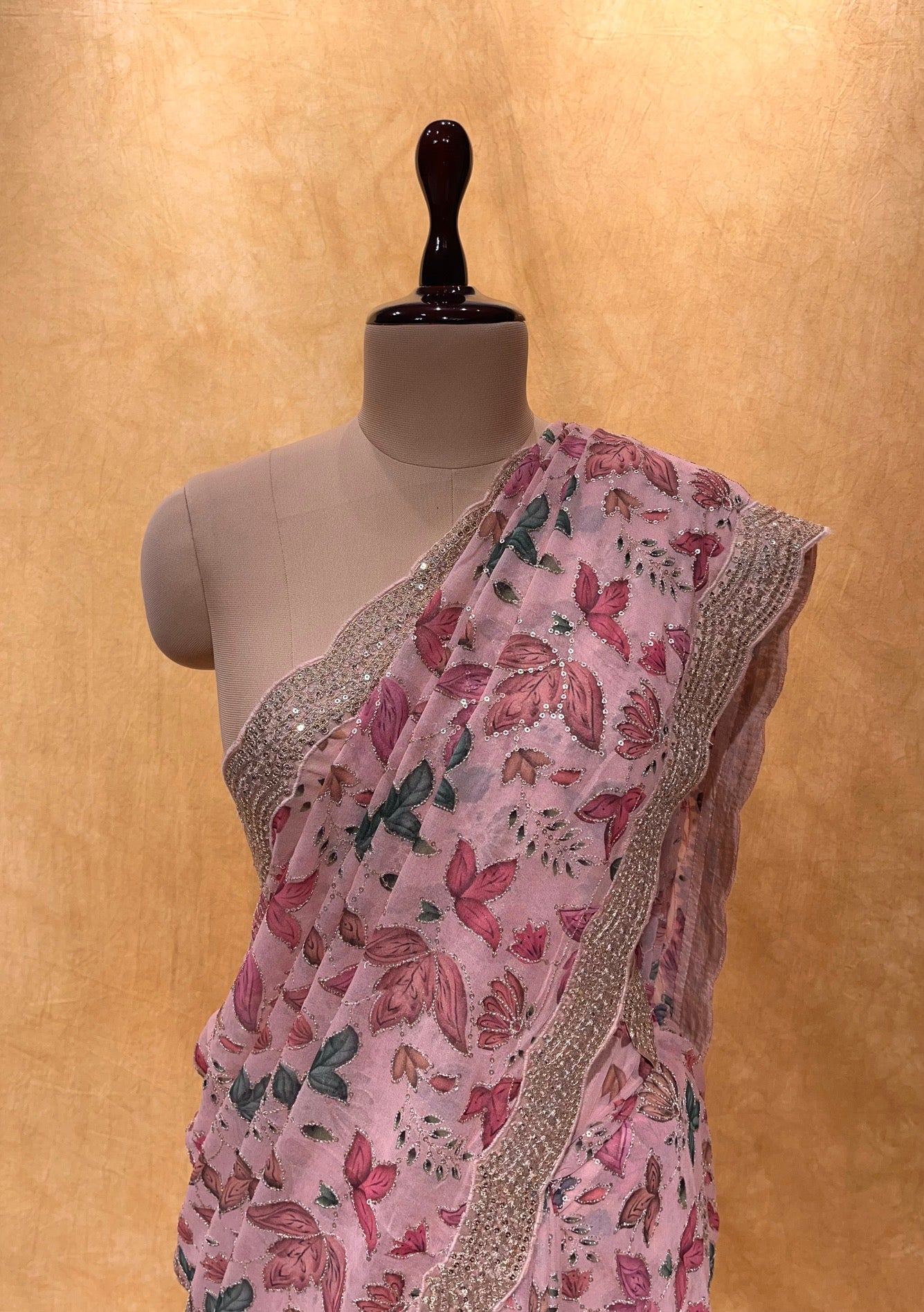 (DELIVERY IN 30 DAYS) PINK COLOUR GEORGETTE PRINTED SAREE EMBELLISHED WITH SEQUINS WORK