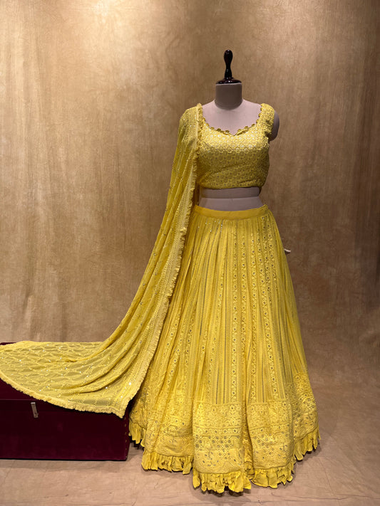 BRIDESMAIDS READYMADE YELLOW COLOUR GEORGETTE CHIKENKARI LEHENGA EMBELLISHED WITH SEQUINS WORK