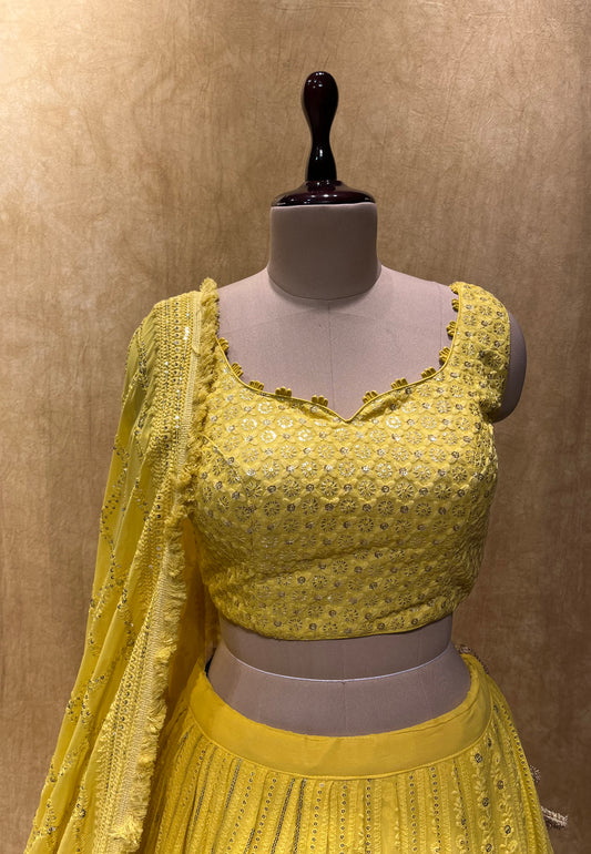 BRIDESMAIDS READYMADE YELLOW COLOUR GEORGETTE CHIKENKARI LEHENGA EMBELLISHED WITH SEQUINS WORK