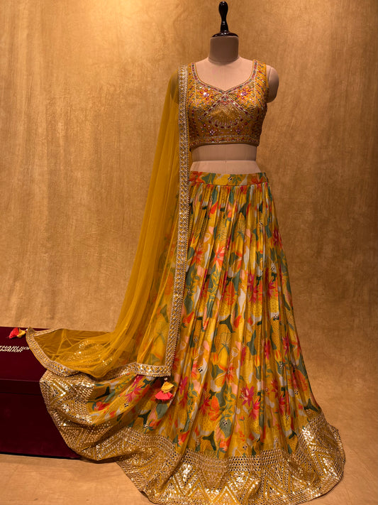 (DELIVERY IN 20-25 DAYS) BRIDESMAIDS READYMADE MUSTARD COLOUR ORGANZA PRINTED LEHENGA WITH CROP TOP BLOUSE EMBELLISHED WITH GOTA PATTI WORK