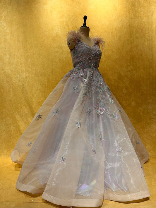 PEACH COLOUR BALL GOWN EMBELLISHED WITH SEQUINS, STONE & THREAD WORK