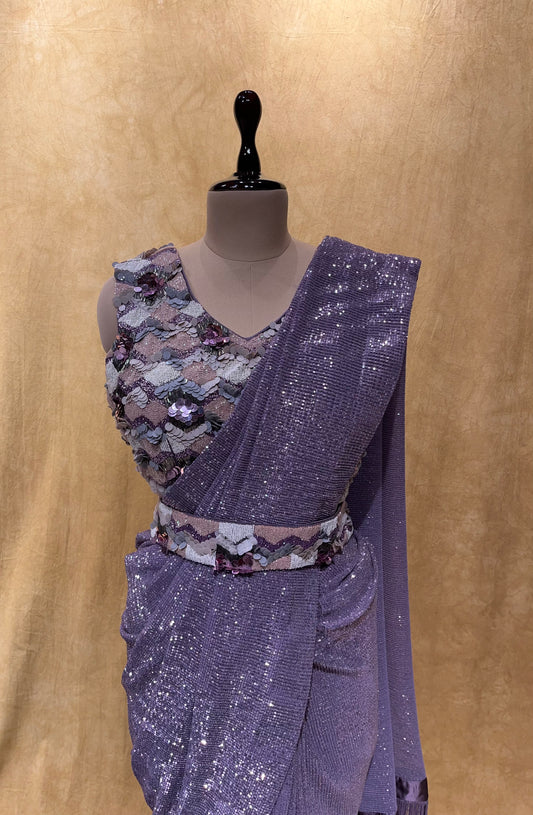 LAVENDER COLOUR SEQUINS READYMADE BLOUSE SAREE EMBELLISHED WITH CUTDANA WORK