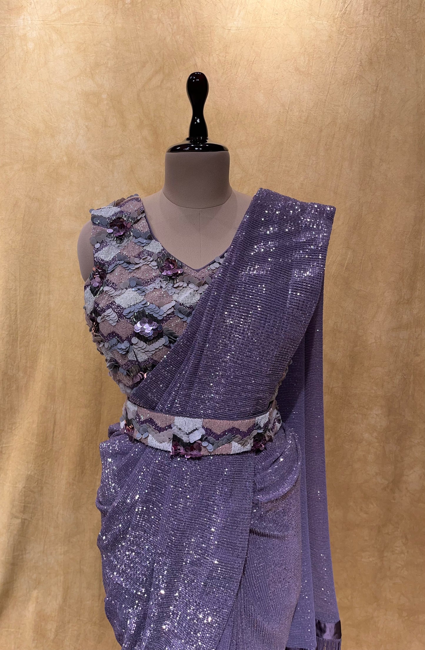 LAVENDER COLOUR SEQUINS READYMADE BLOUSE SAREE EMBELLISHED WITH CUTDANA WORK