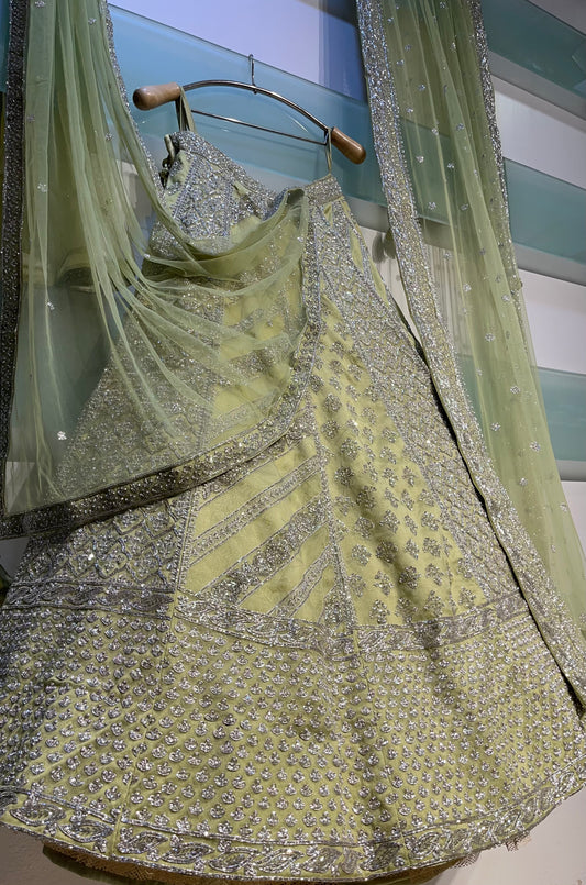 PISTA GREEN COLOUR PURE ORGANZA HAND EMBROIDERED LEHENGA EMBELLISHED WITH CUTDANA WORK