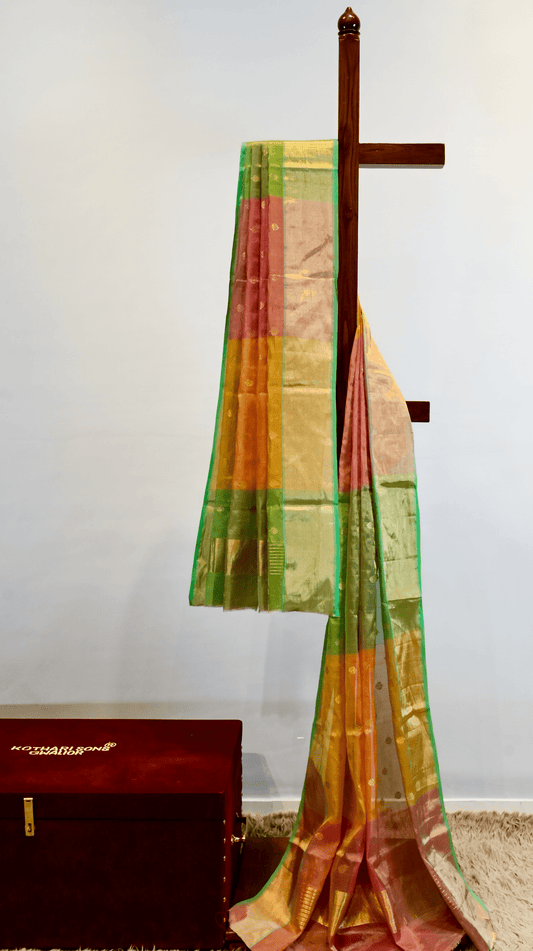 SHADED PURE CHANDERI SILK RANGKAT DUPATTA WITH BUTTIS AND TISSUE BORDER - Kothari Sons