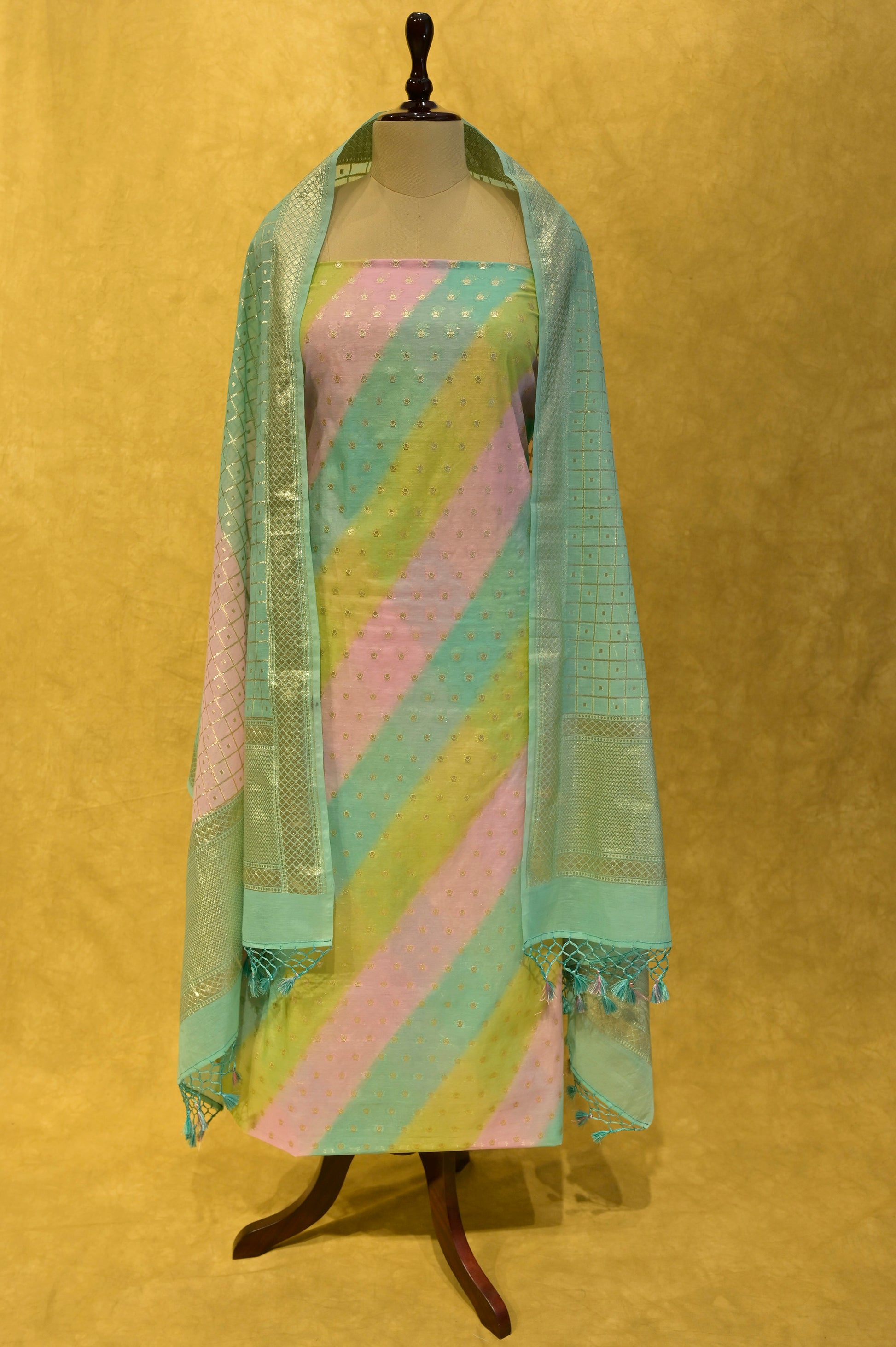 MULTI CHANDERI LEHERIYA SUIT WITH WHITE GOLD ZARI - Kothari Sons