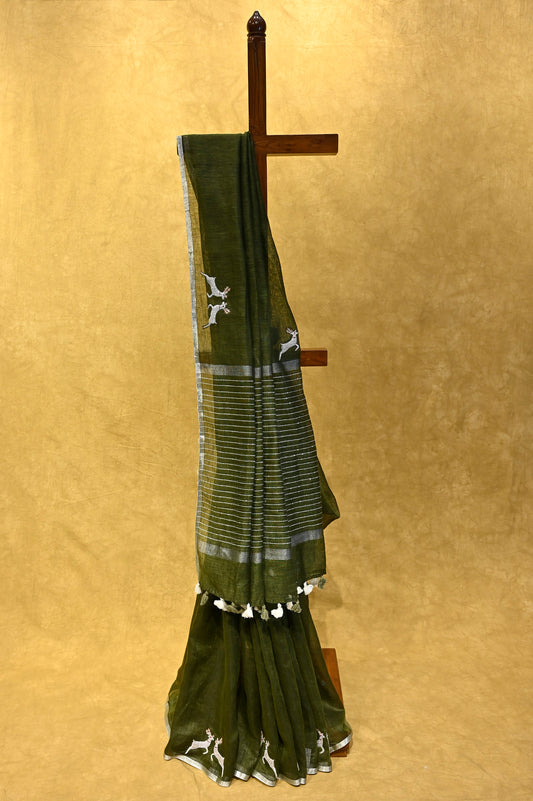 OLIVE GREEN LINEN SAREE WITH HAND EMBROIDERED ZARDOZI WORK - Kothari Sons