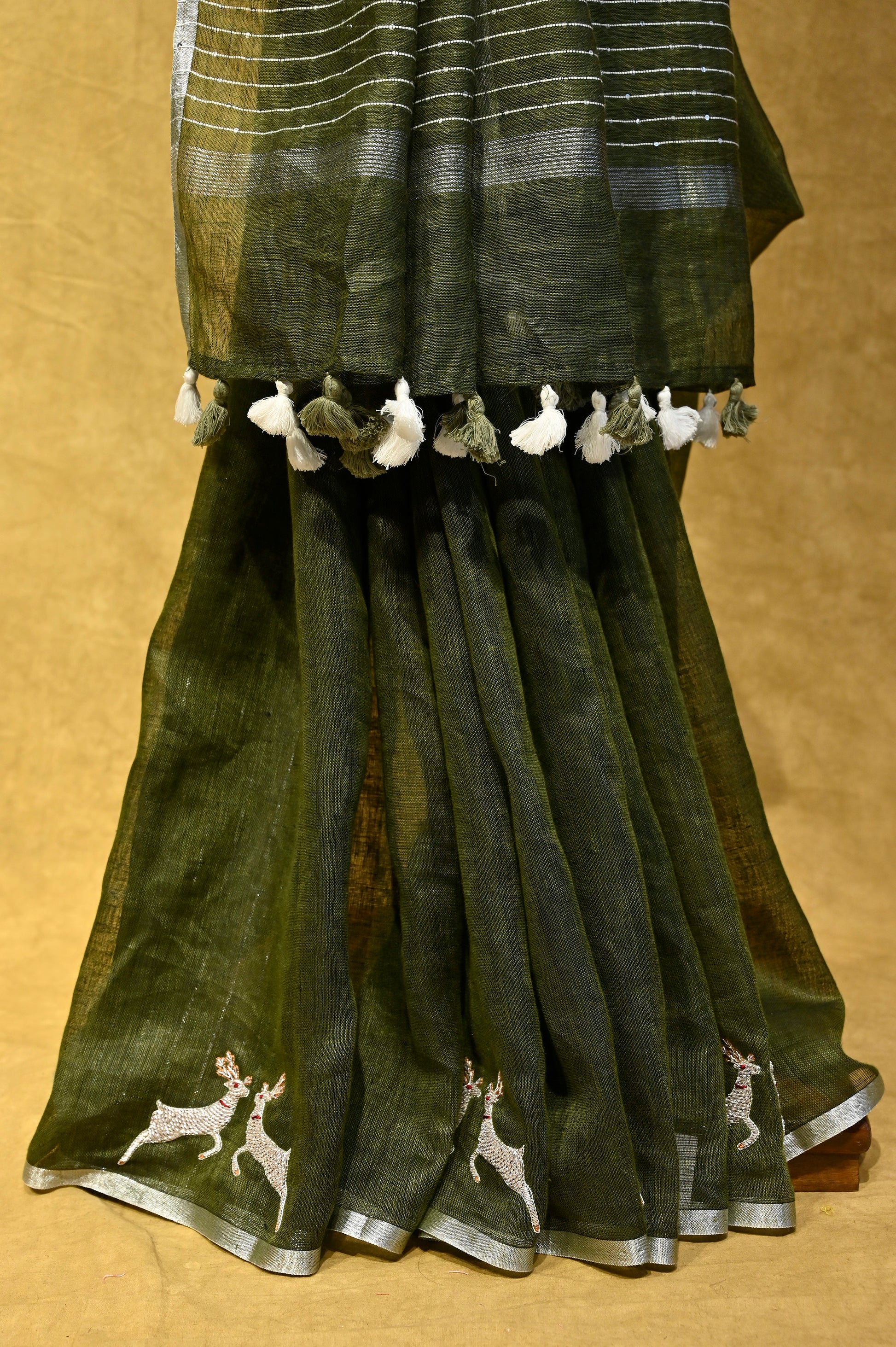 OLIVE GREEN LINEN SAREE WITH HAND EMBROIDERED ZARDOZI WORK - Kothari Sons