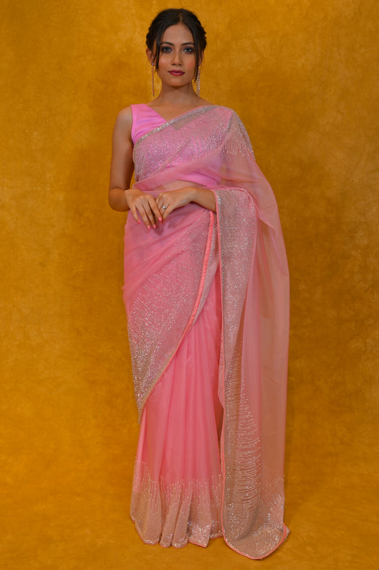 PINK COLOUR ORGANZA SAREE WITH HAND EMBROIDERED WORK