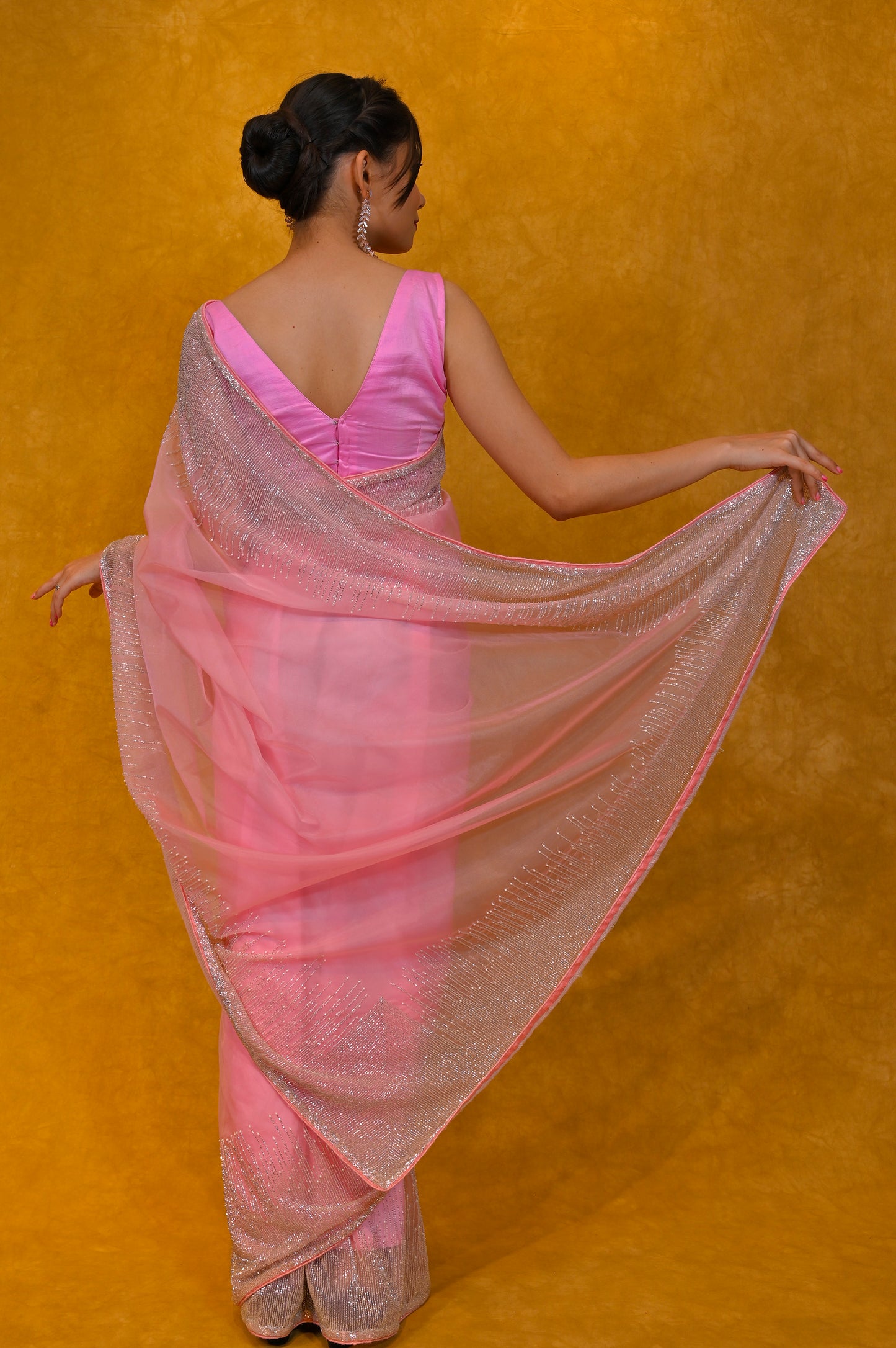 PINK COLOUR ORGANZA SAREE WITH HAND EMBROIDERED WORK