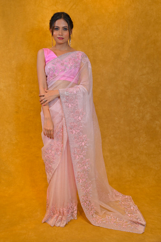 BABY PINK COLOUR ORGANZA SAREE WITH HAND EMBROIDERED WORK