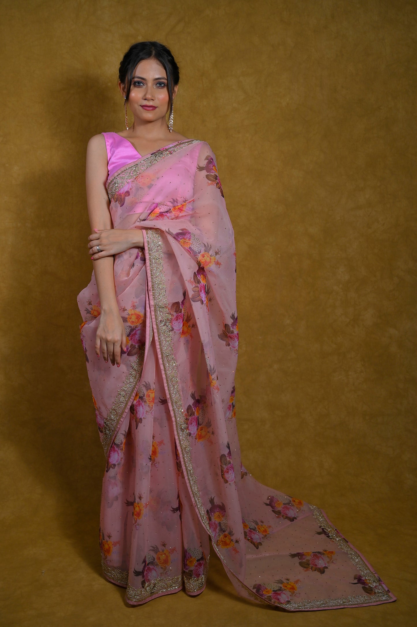 MAUVE FLORAL PRINTED ORGANZA SAREE WITH HAND EMBROIDERED WORK