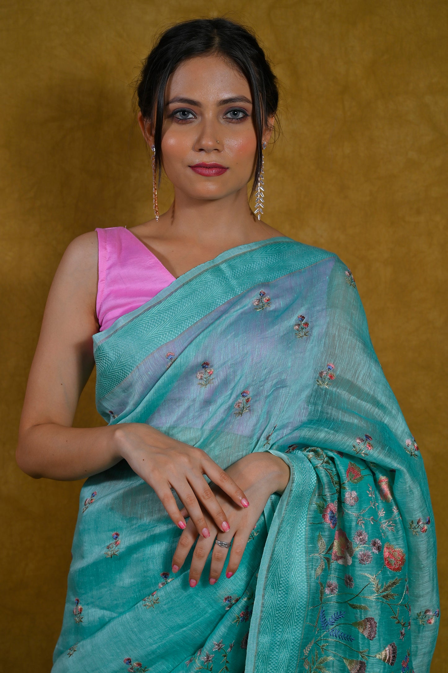 SKY BLUE LINEN SAREE WITH RESHAM EMBROIDERY