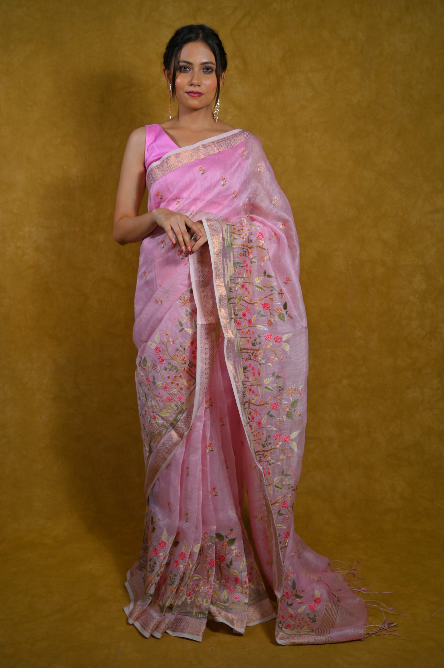 BABY PINK COLOUR LINEN SAREE WITH RESHAM EMBROIDERY