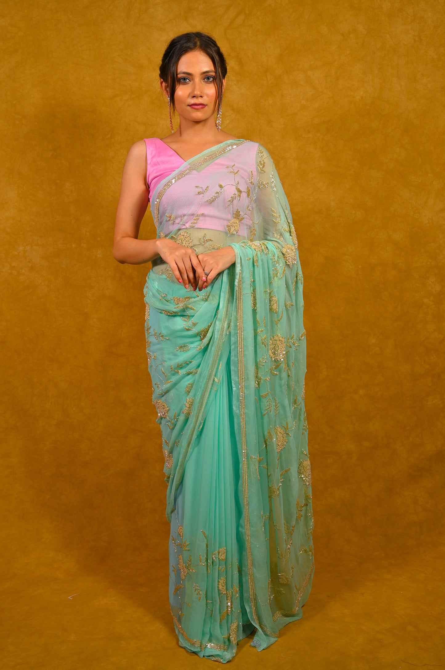 SEA GREEN PURE CHIFFON EMBROIDERY SAREE WITH HAND EMBROIDERED WORK