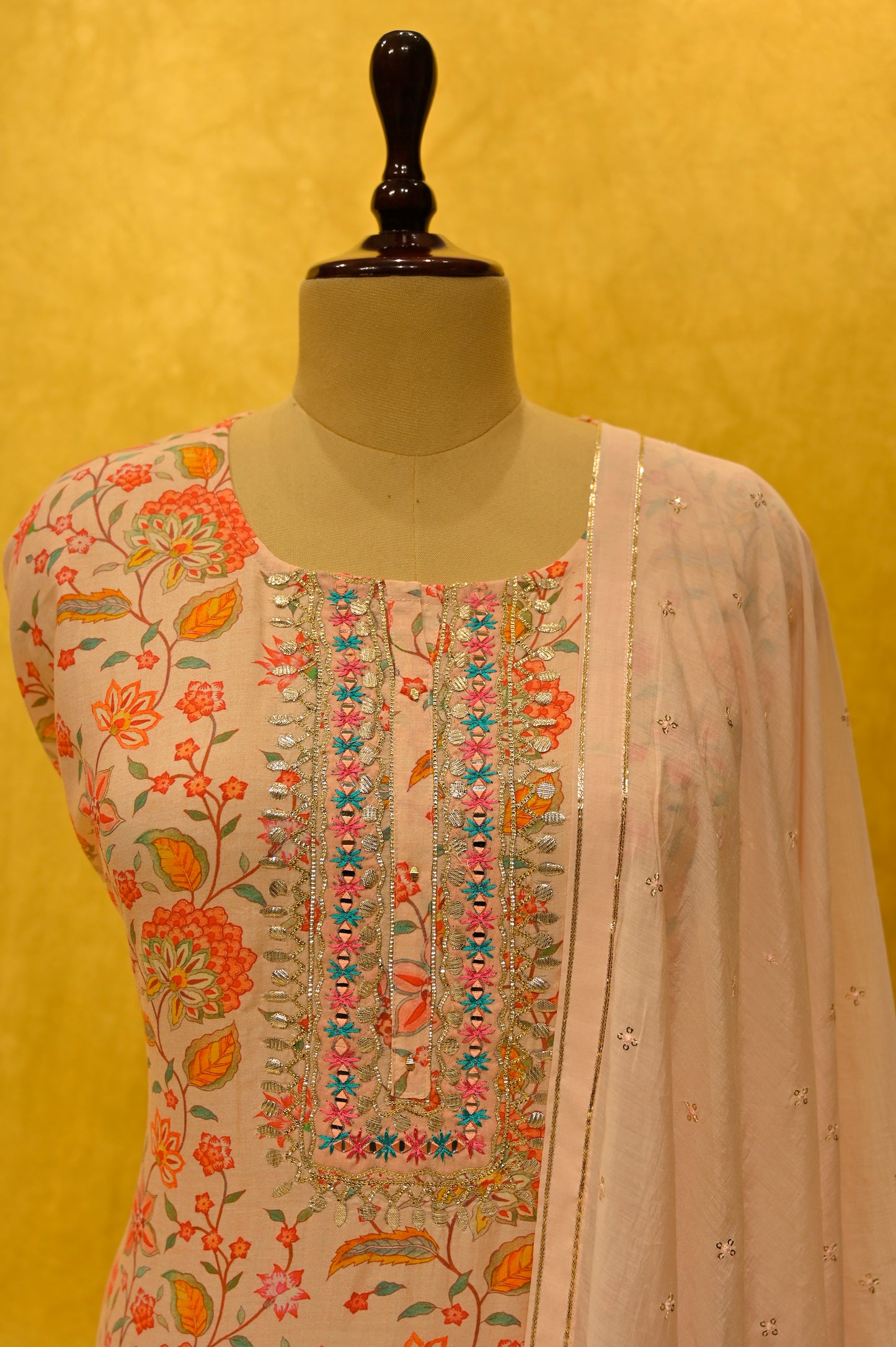 PEACH MUSLIN PRINTED UNSTITCHED SUIT WITH GOTA PATI WORK