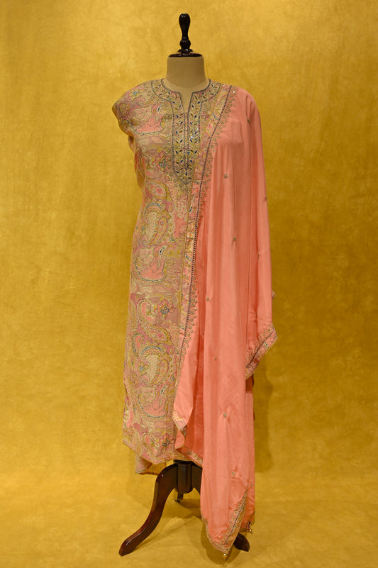 PEACH MUSLIN PRINTED UNSTITCHED SUIT WITH ZARI EMBROIDERY