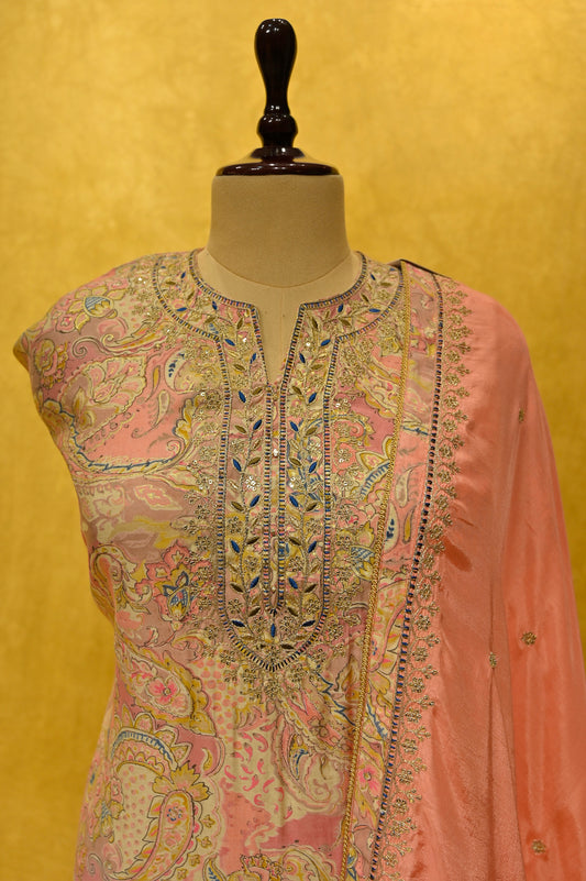PEACH MUSLIN PRINTED UNSTITCHED SUIT WITH ZARI EMBROIDERY