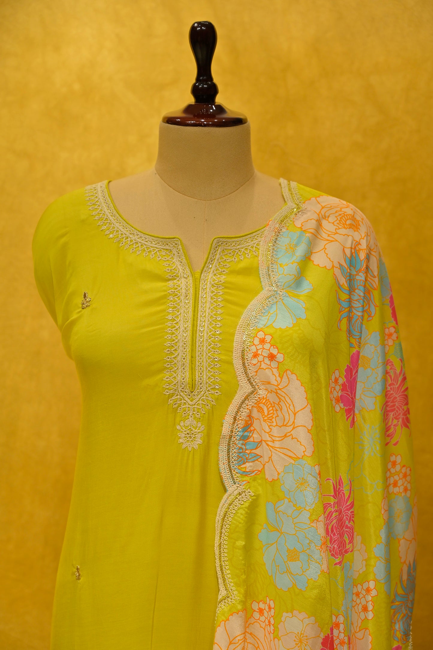 NEON GREEN MUSLIN UNSTICHED SUIT WITH THREAD WORK