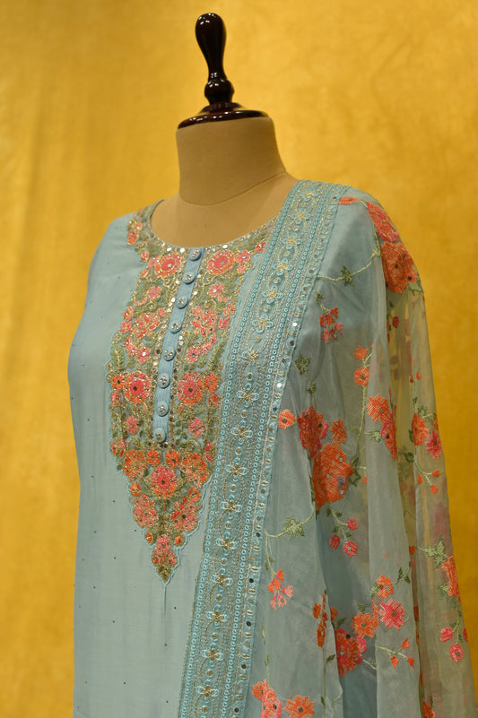 POWDER BLUE MUSLIN SILK UNSTITCHED SUIT WITH RESHAM EMBROIDERY