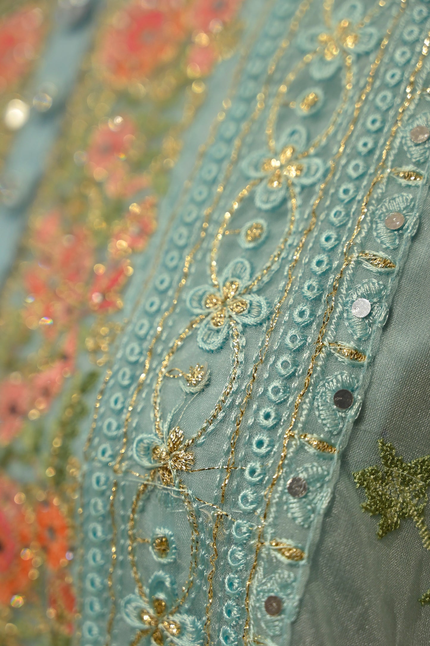 POWDER BLUE MUSLIN SILK UNSTITCHED SUIT WITH RESHAM EMBROIDERY