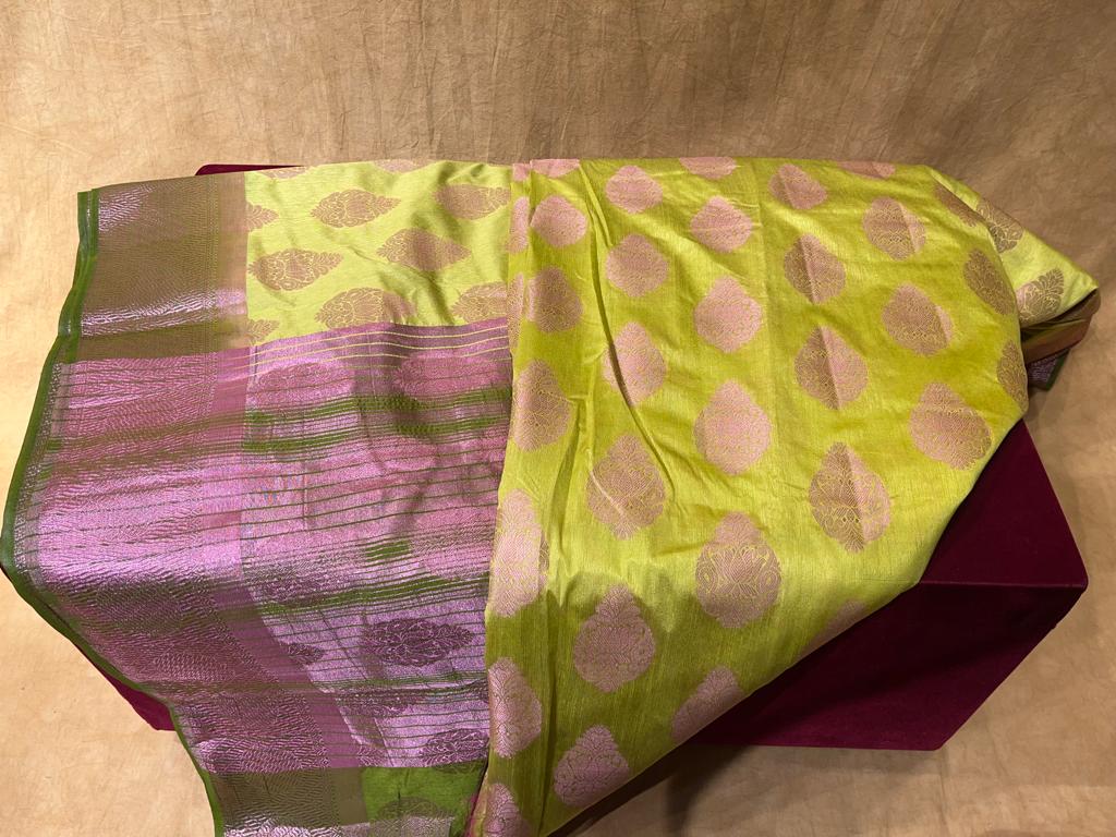 PARROT GREEN ART SILK SAREE WITH CONTRAST BORDER, PALLA AND BLOUSE