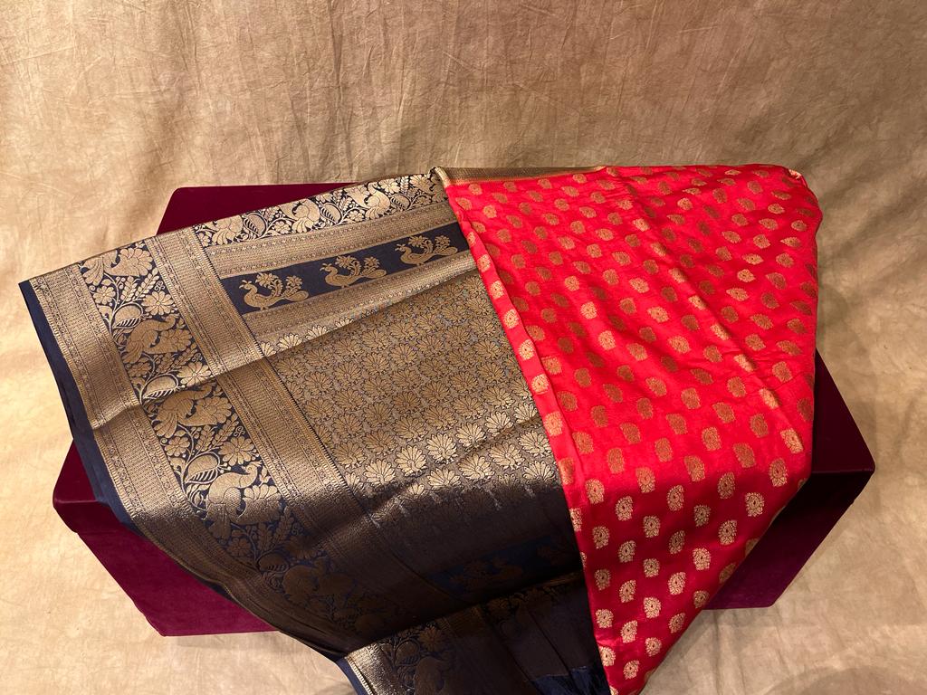 RED COLOUR ART SILK SAREE WITH CONTRAST BORDER, PALLA AND BLOUSE