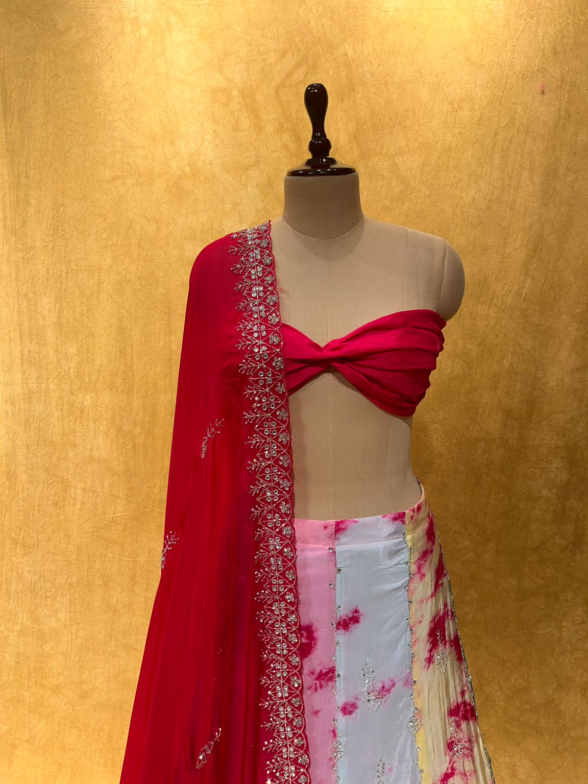 (DELIVERY IN 30 DAYS) ORGANZA PRINTED LEHENGA EMBELLISHED WITH CUTDANA AND MIRROR WORK