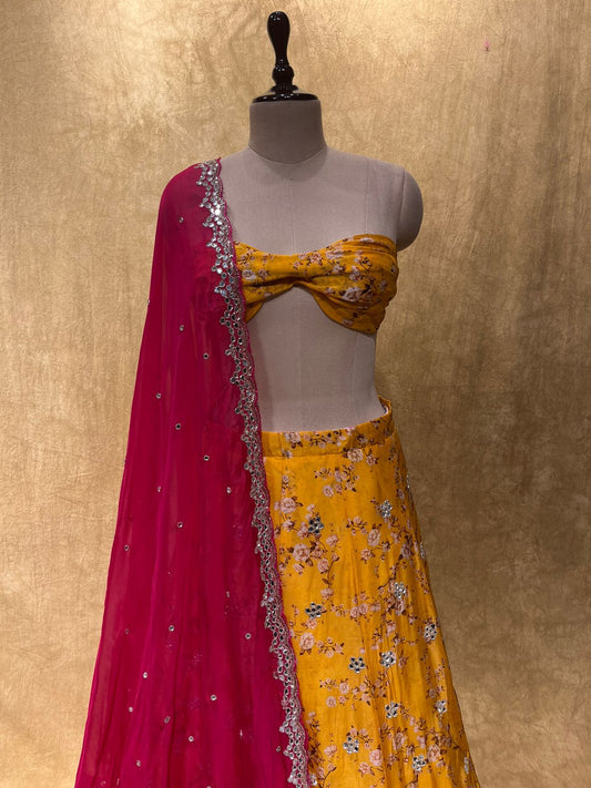 (DELIVERY IN 15-20 DAYS) ORGANZA PRINTED LEHENGA HIGHLIGHTS WITH CUTDANA AND MIRROR WORK