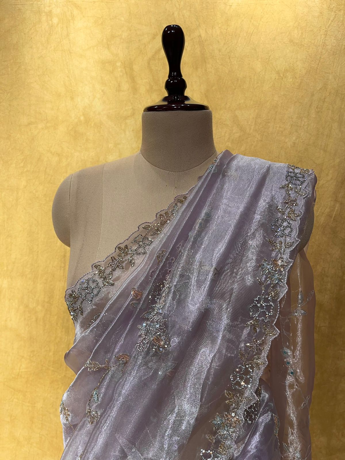 (DELIVERY IN 30 DAYS) LAVENDER COLOUR ORGANZA SAREE WITH CUT DANA WORK